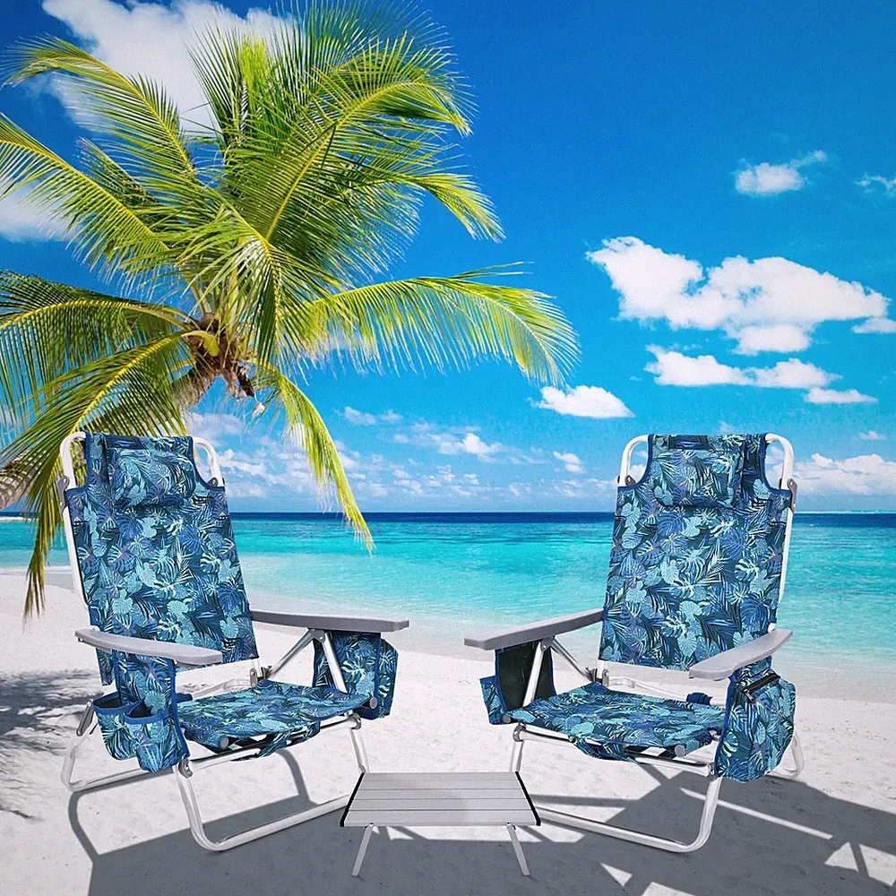 2-Pack Folding Backpack Beach Chair Table Set 5-Position Outdoor Reclining Chair