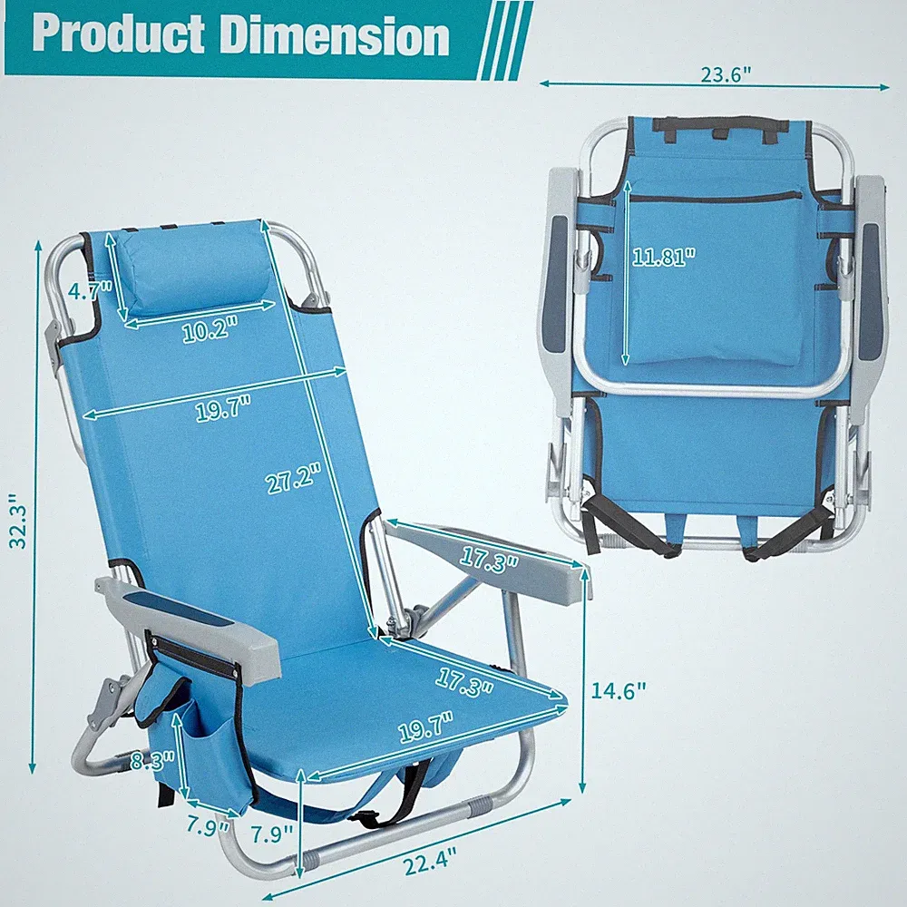 2-Pack Portable Backpack Beach Chair Set 5-Position Outdoor Reclining Chair