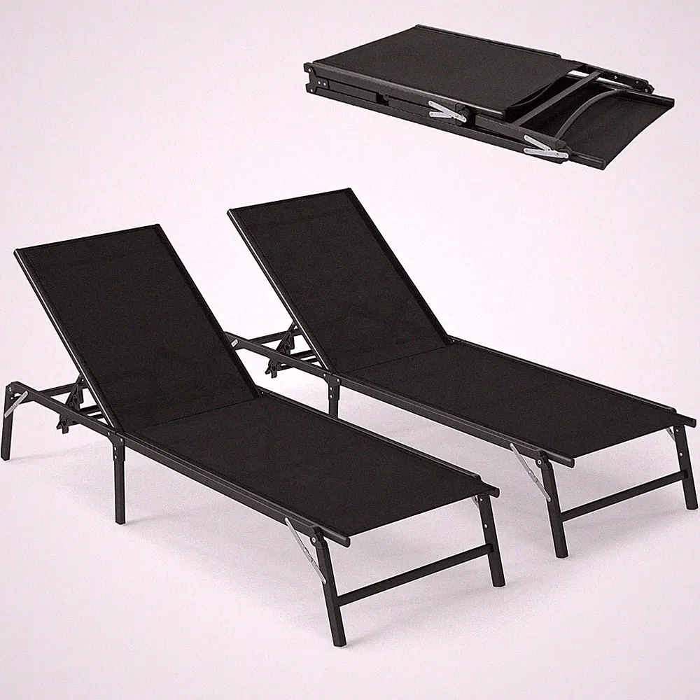 2 PCS Reclining Lounge Chairs Folding Patio Recliner Chair w/5-position Backrest