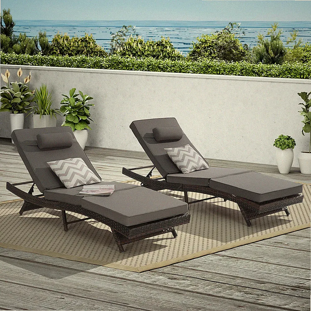 2 Set Reclining Chaise Lounge Chairs Patio Rattan 5 Positions Recliner Dark Gray