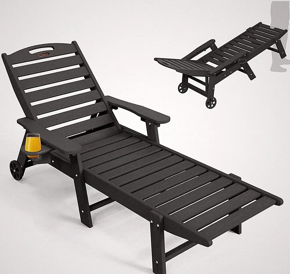 Oversized Outdoor Lounge Chair with 5 Positions, Wheels & Cup Holder, Black