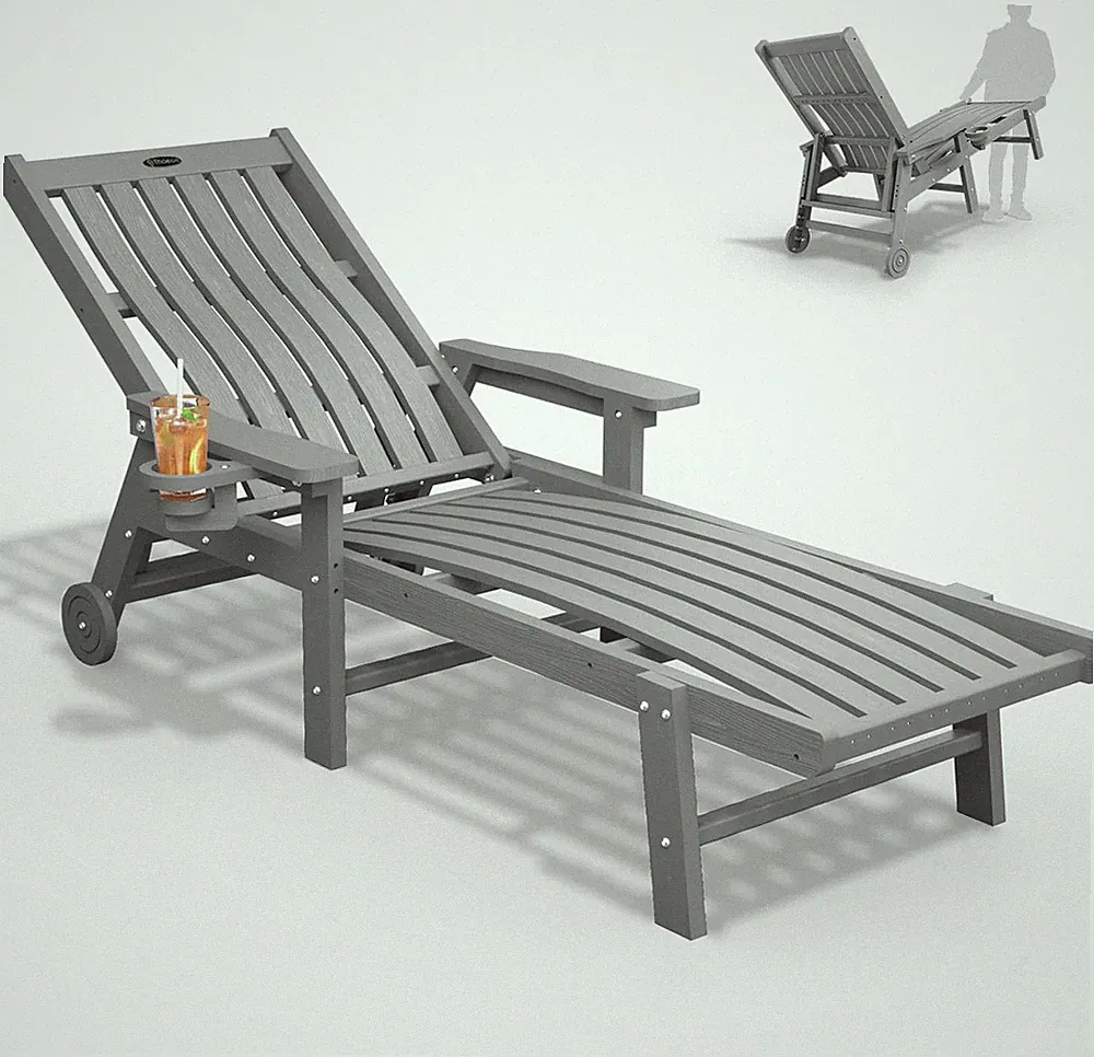 Oversized Patio Chaise Lounge Chair with Wheels & Cup Holder, 5 Positions, Grey