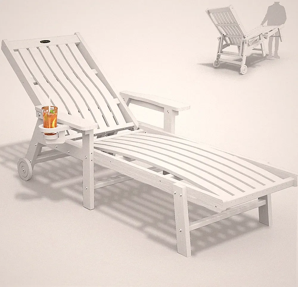 Oversized Patio Chaise Lounge Chair with Wheels & Cup Holder, 5 Positions, White