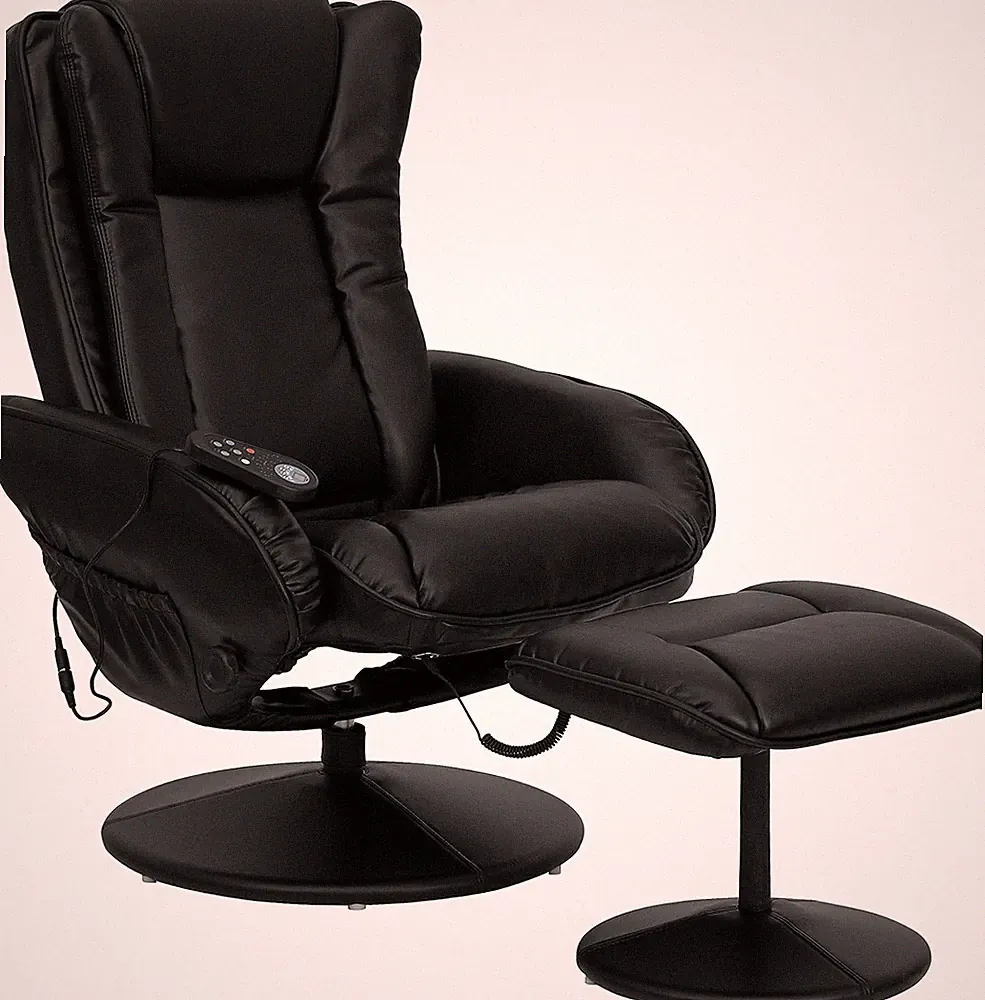 Poppy Multi-Position Plush Recliner with Ottoman & Side Pocket - Black Leather