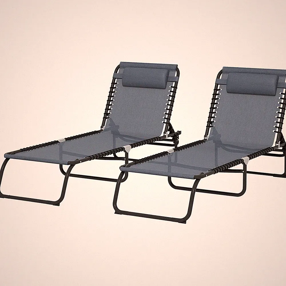 Set of 2 Folding Chaise Lounge Pool Chairs with 4-Position Reclining Back Pillow